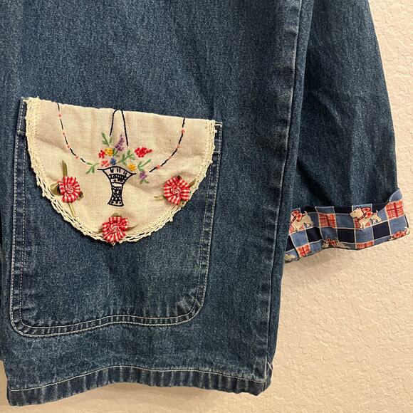 Vintage Handmade OOAK Denim Chore Shirt‎ Jacket XL Cottage Scottie Dog Grandma - Picture 9 of 16